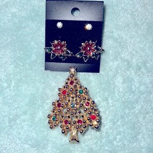 Christmas Tree Pin and Earrings Set